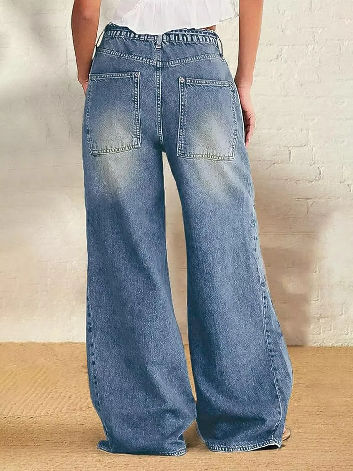 Flamingals Wide Leg Jeans for Women Drawsting Mid Waist Baggy Jeans Belted Wash Stitch Detai Trouser Jeans