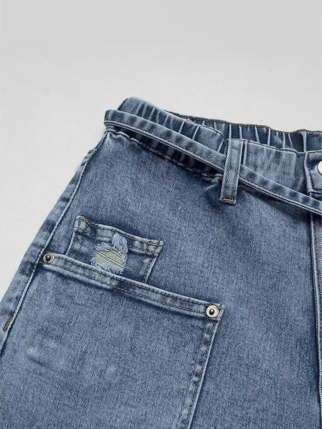 Flamingals Wide Leg Jeans for Women Drawsting Mid Waist Baggy Jeans Belted Wash Stitch Detai Trouser Jeans