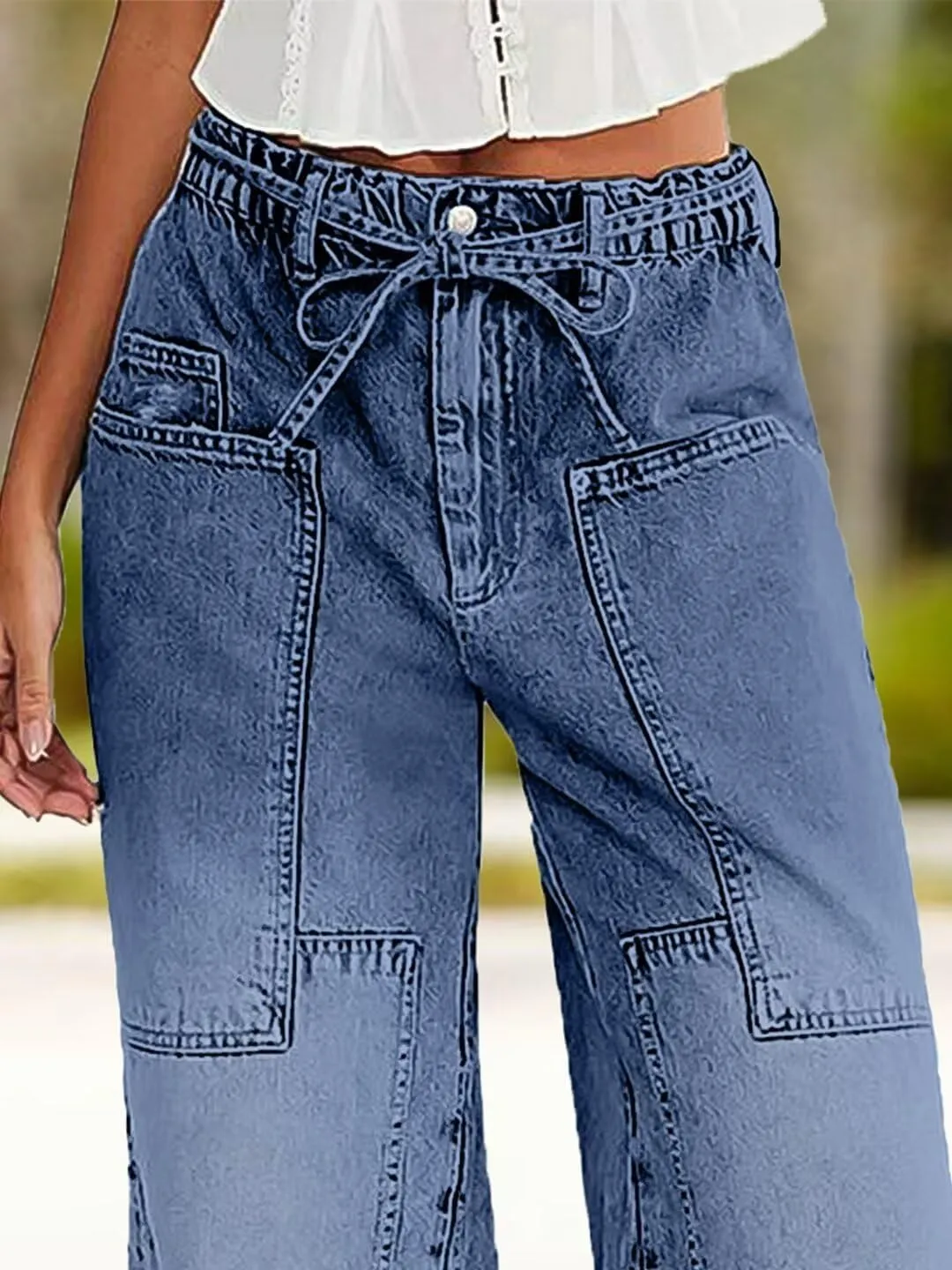 Flamingals Wide Leg Jeans for Women Drawsting Mid Waist Baggy Jeans Belted Wash Stitch Detai Trouser Jeans