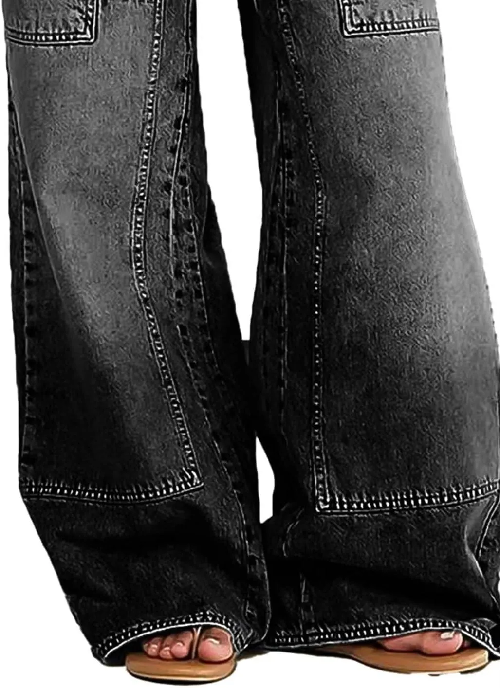 Flamingals Wide Leg Jeans for Women Drawsting Mid Waist Baggy Jeans Belted Wash Stitch Detai Trouser Jeans