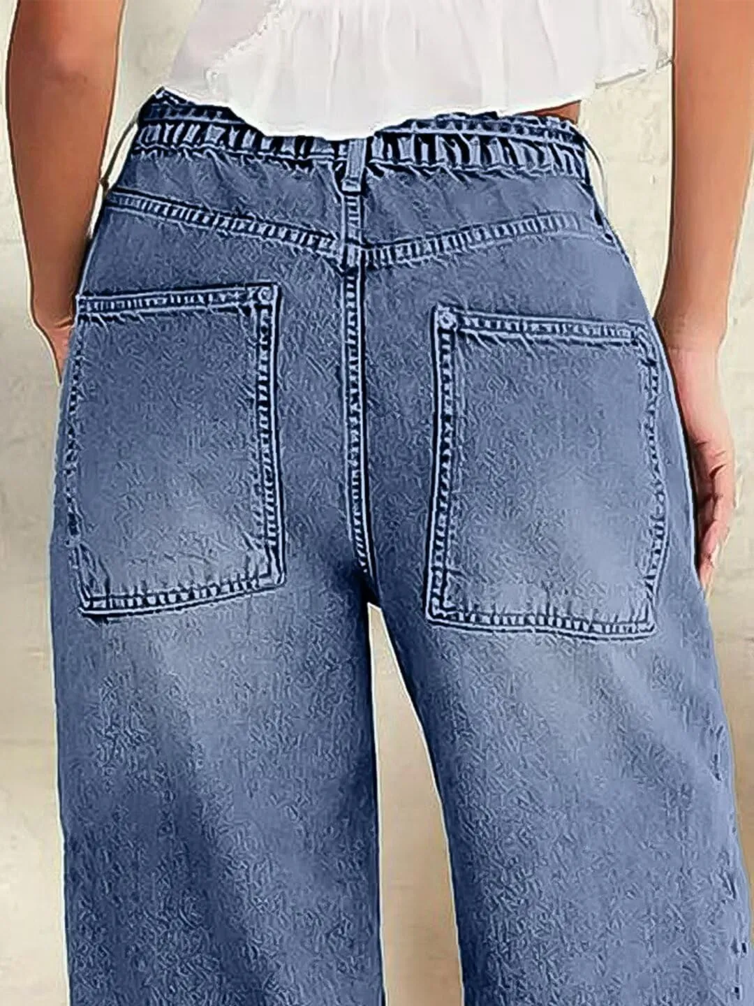 Flamingals Wide Leg Jeans for Women Drawsting Mid Waist Baggy Jeans Belted Wash Stitch Detai Trouser Jeans