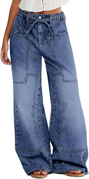 Flamingals Wide Leg Jeans for Women Drawsting Mid Waist Baggy Jeans Belted Wash Stitch Detai Trouser Jeans