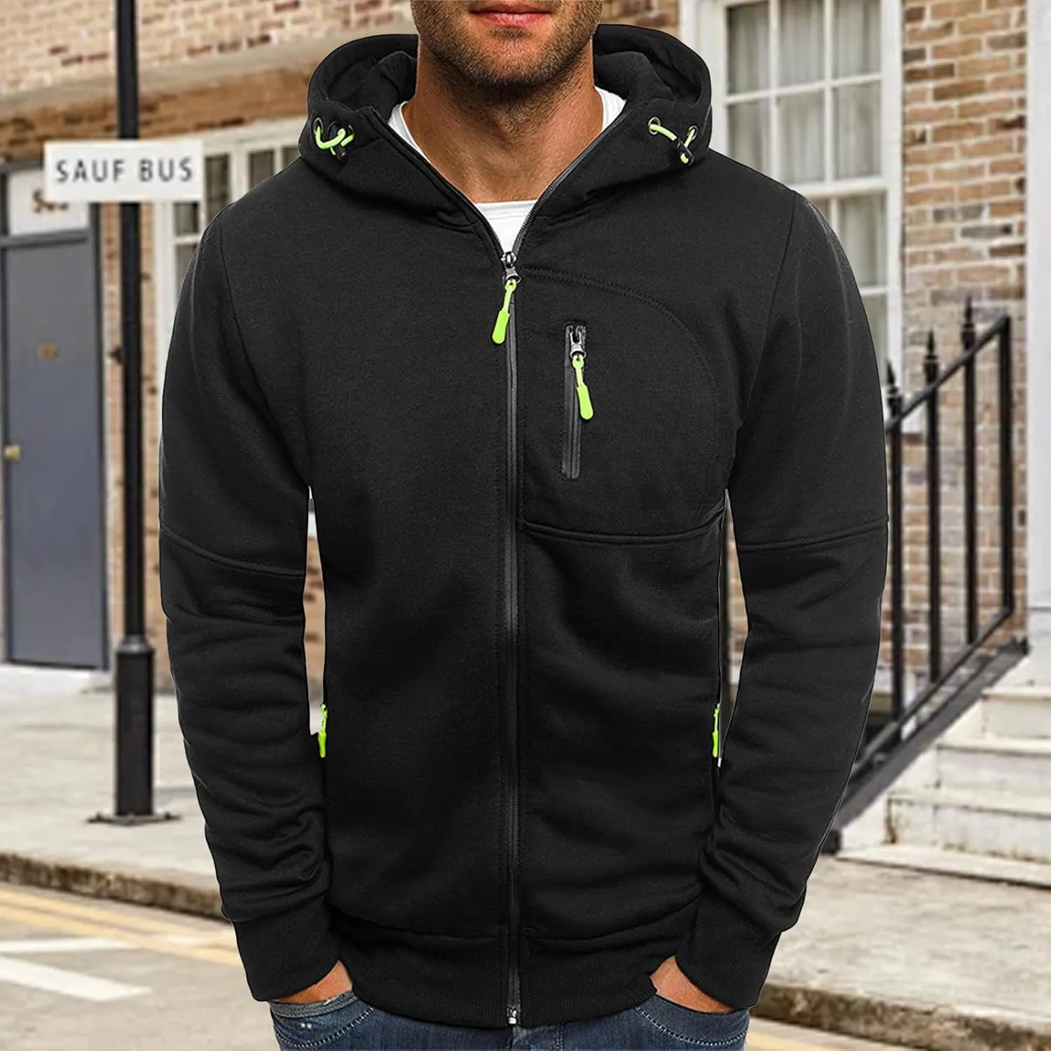Fleece Hoodie for Men Full Zip Cardigan Sweatshirt Long Sleeve Drawstring Sweatshirt Slim Fit Fashion Coat Outwear