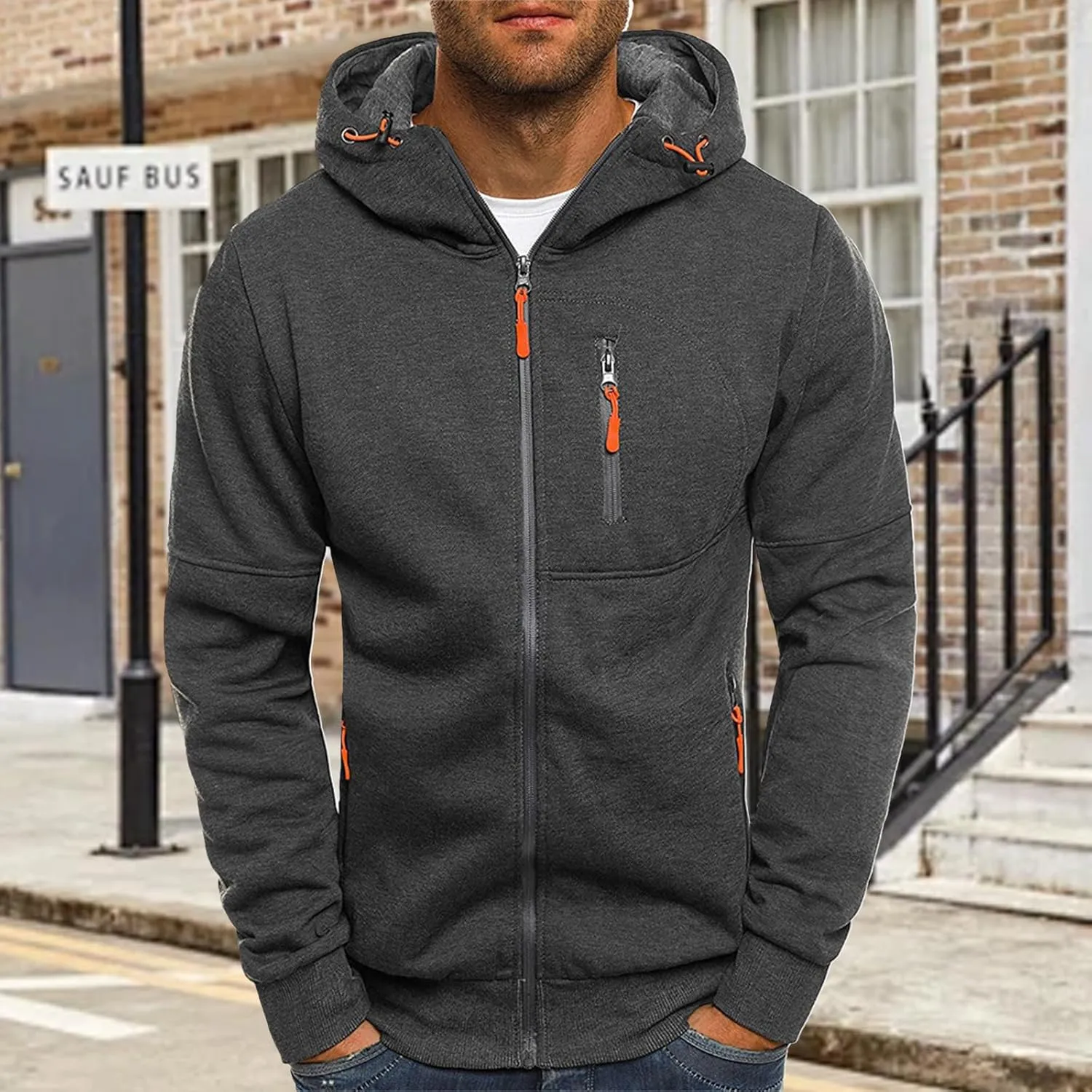 Fleece Hoodie for Men Full Zip Cardigan Sweatshirt Long Sleeve Drawstring Sweatshirt Slim Fit Fashion Coat Outwear