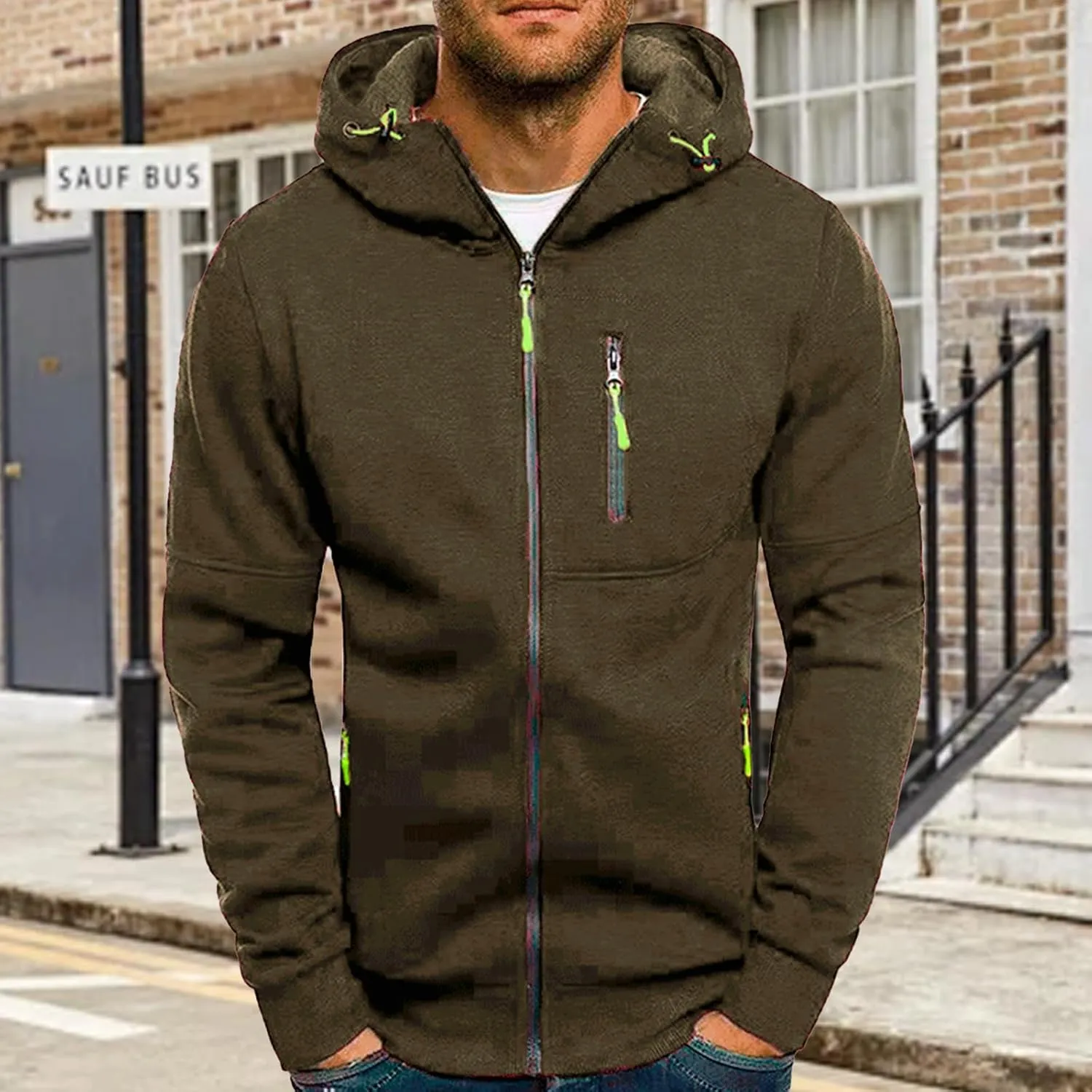 Fleece Hoodie for Men Full Zip Cardigan Sweatshirt Long Sleeve Drawstring Sweatshirt Slim Fit Fashion Coat Outwear