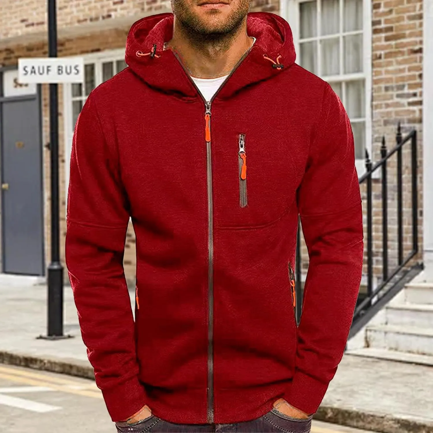 Fleece Hoodie for Men Full Zip Cardigan Sweatshirt Long Sleeve Drawstring Sweatshirt Slim Fit Fashion Coat Outwear