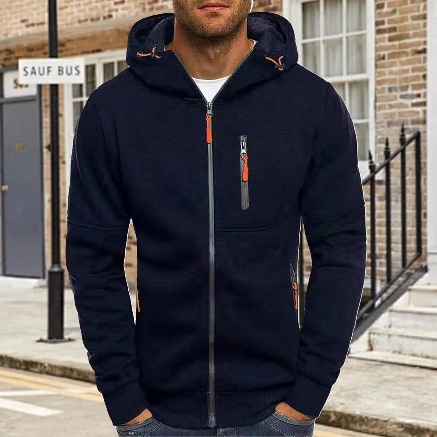 Fleece Hoodie for Men Full Zip Cardigan Sweatshirt Long Sleeve Drawstring Sweatshirt Slim Fit Fashion Coat Outwear