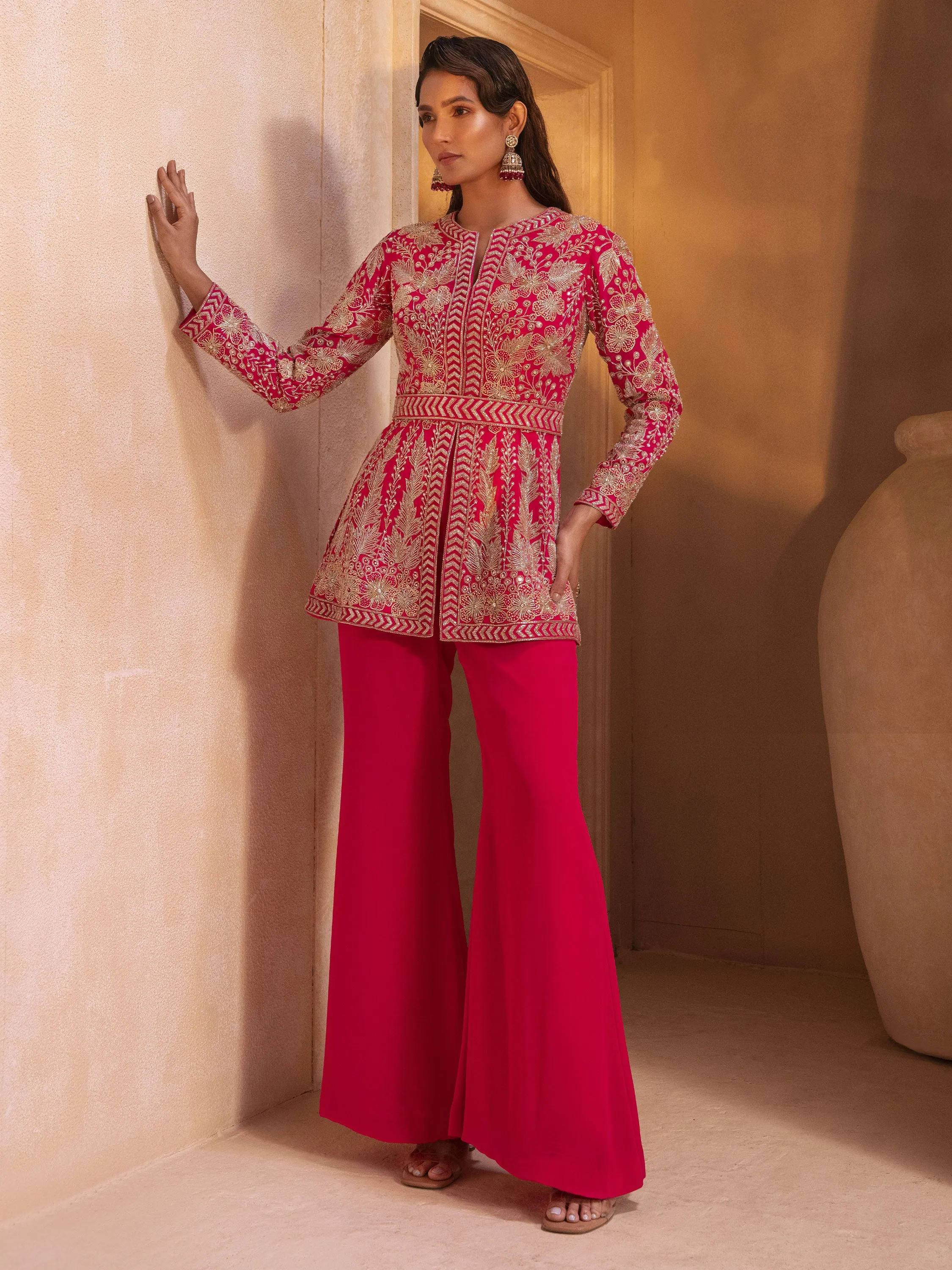 Fuchsia Pink Embroidered Jacket Set