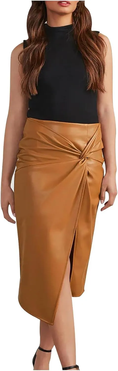 FZYLQY 2025 Women's Faux Leather Skirts High Waist Wrap Knit Bodycon Midi Skirt for Business Casual Pencil Skirt