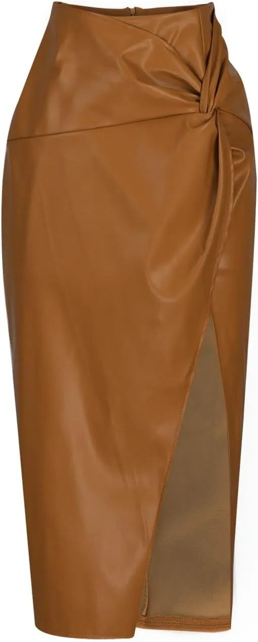 FZYLQY 2025 Women's Faux Leather Skirts High Waist Wrap Knit Bodycon Midi Skirt for Business Casual Pencil Skirt