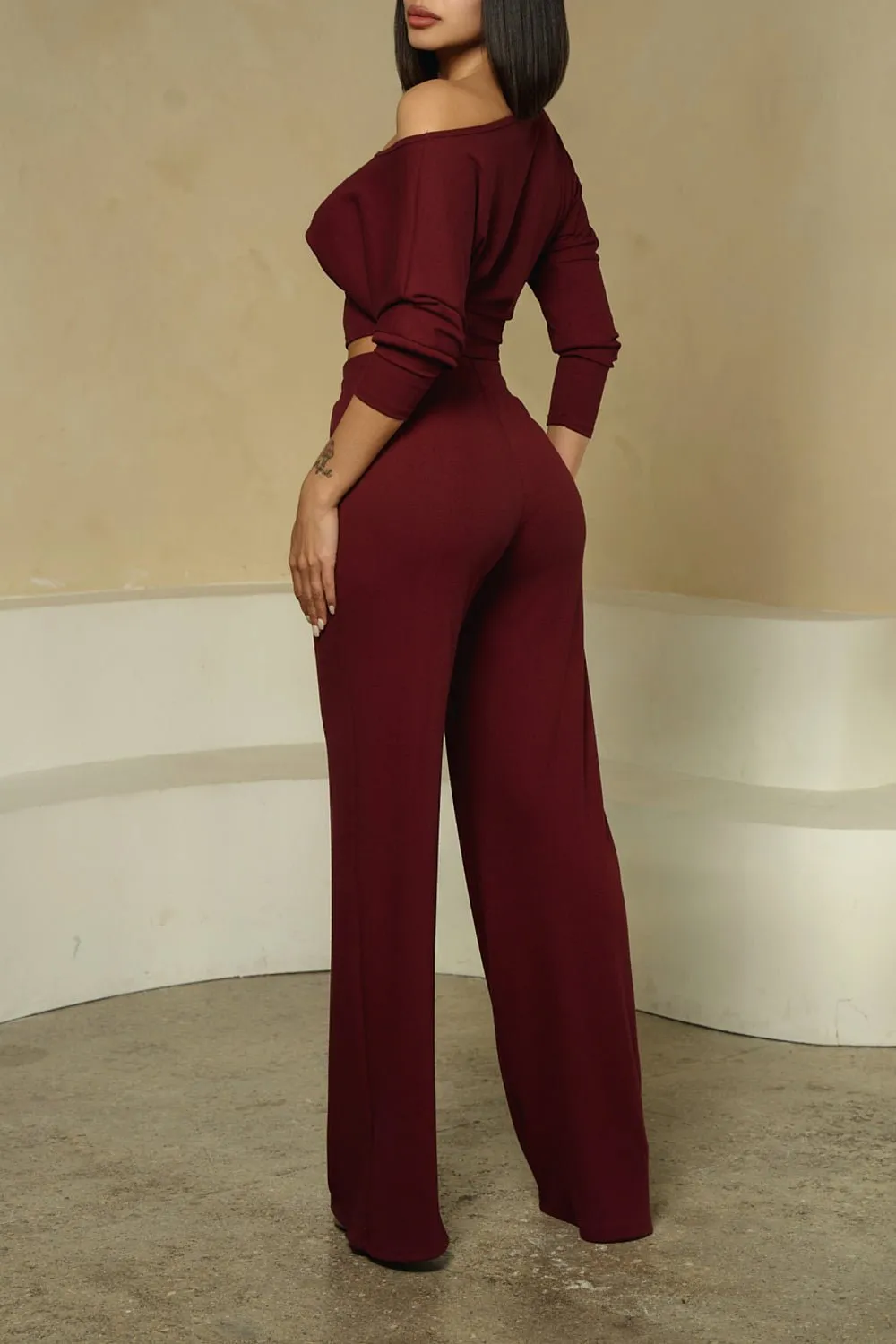 HMS Skins: Bordeaux Baby Rib High Waist Drawstring Wide Leg Pants
