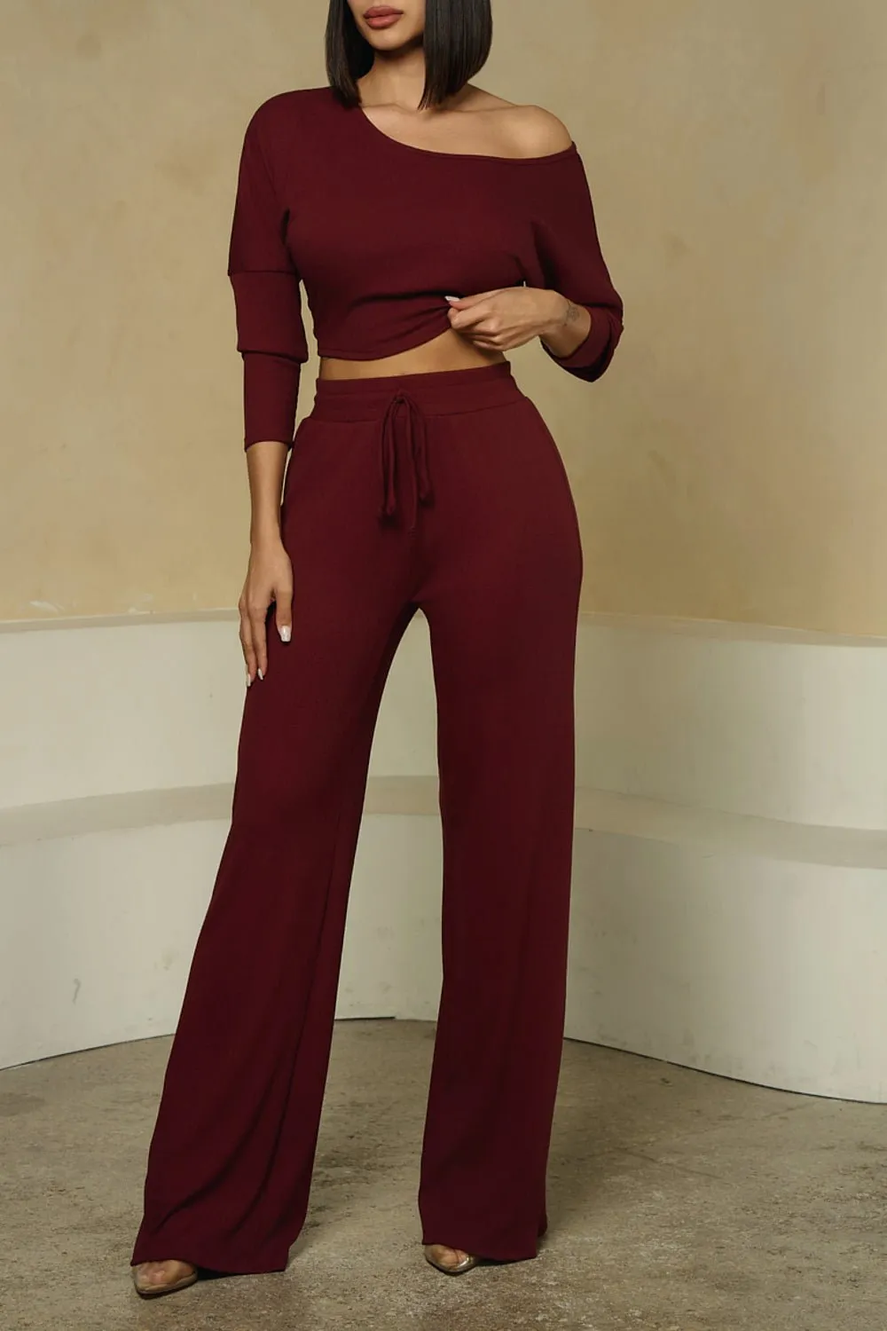 HMS Skins: Bordeaux Baby Rib High Waist Drawstring Wide Leg Pants