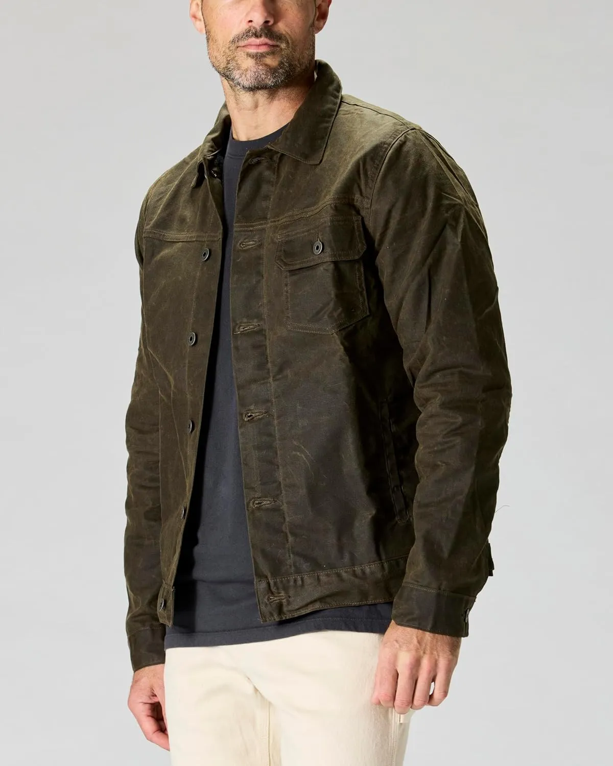 Huckberry Flint and Tinder Men's Flannel-Lined Waxed Trucker Jacket, Water & Weather Resistant Mens Jacket