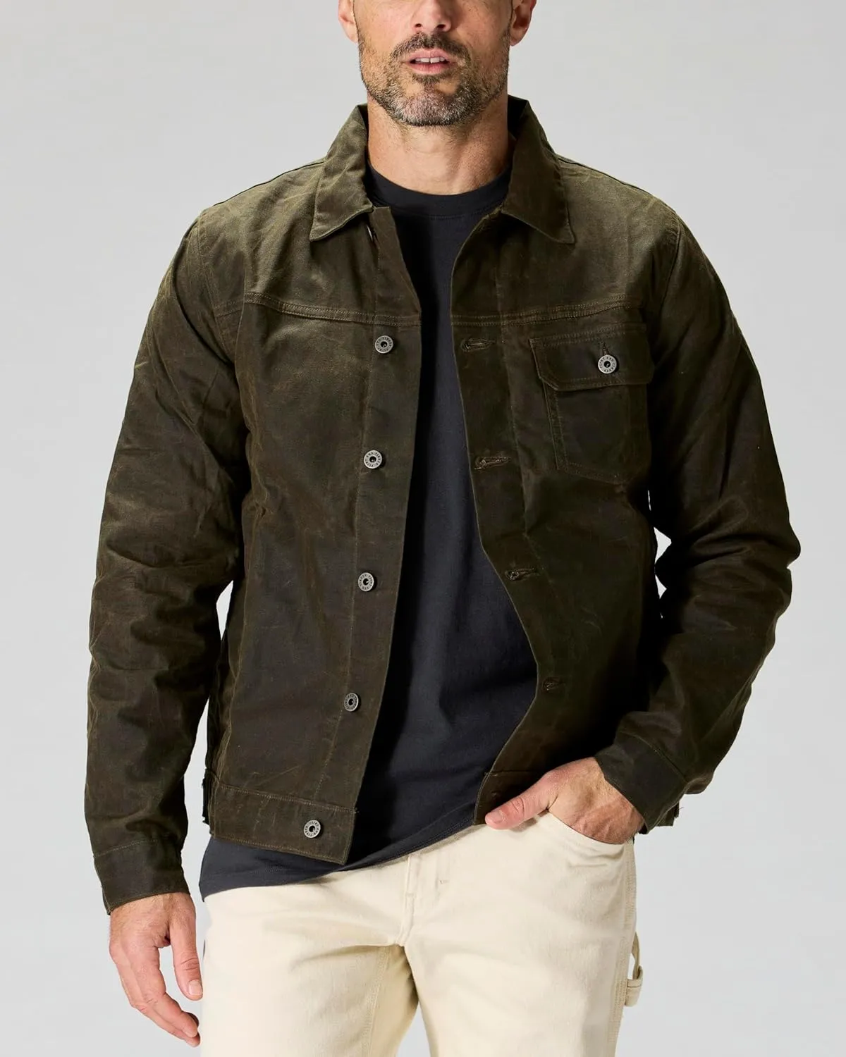 Huckberry Flint and Tinder Men's Flannel-Lined Waxed Trucker Jacket, Water & Weather Resistant Mens Jacket