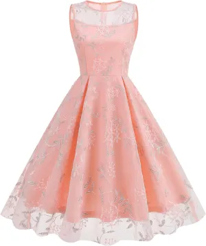 IDOPIP Women Summer Floral Embroidery Sheer Mesh Dress Vintage Sleeveless Cocktail Swing Dress 50s Retro Elegant Tulle Dress