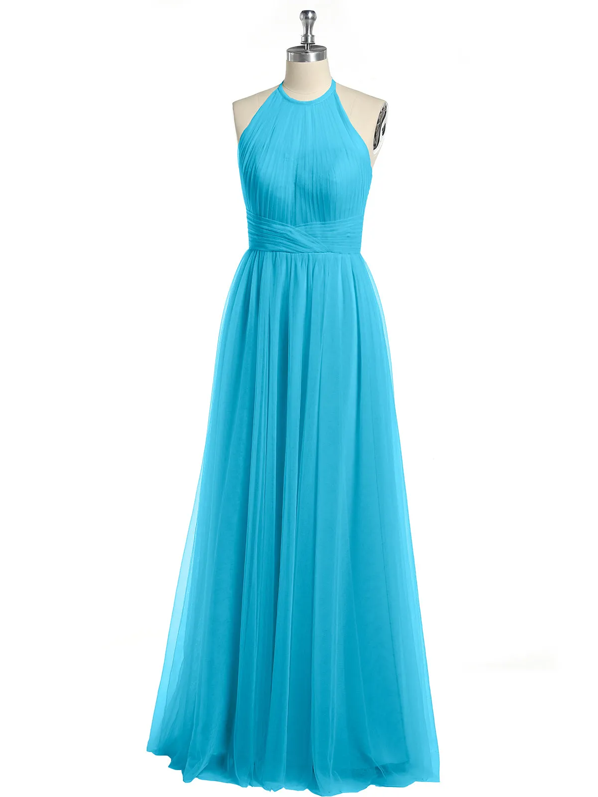 Illusion Neck Corss Waist Tulle Dresses-Pool Plus Size