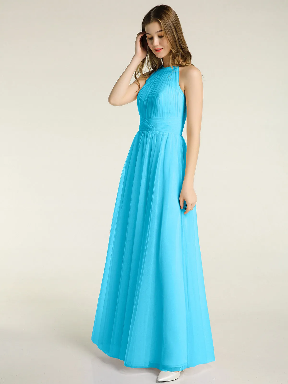 Illusion Neck Corss Waist Tulle Dresses-Pool Plus Size