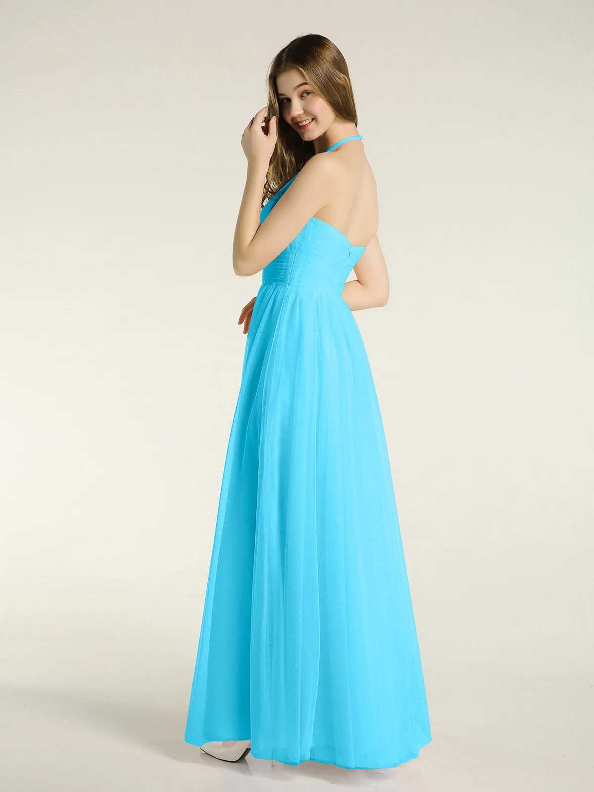 Illusion Neck Corss Waist Tulle Dresses-Pool Plus Size