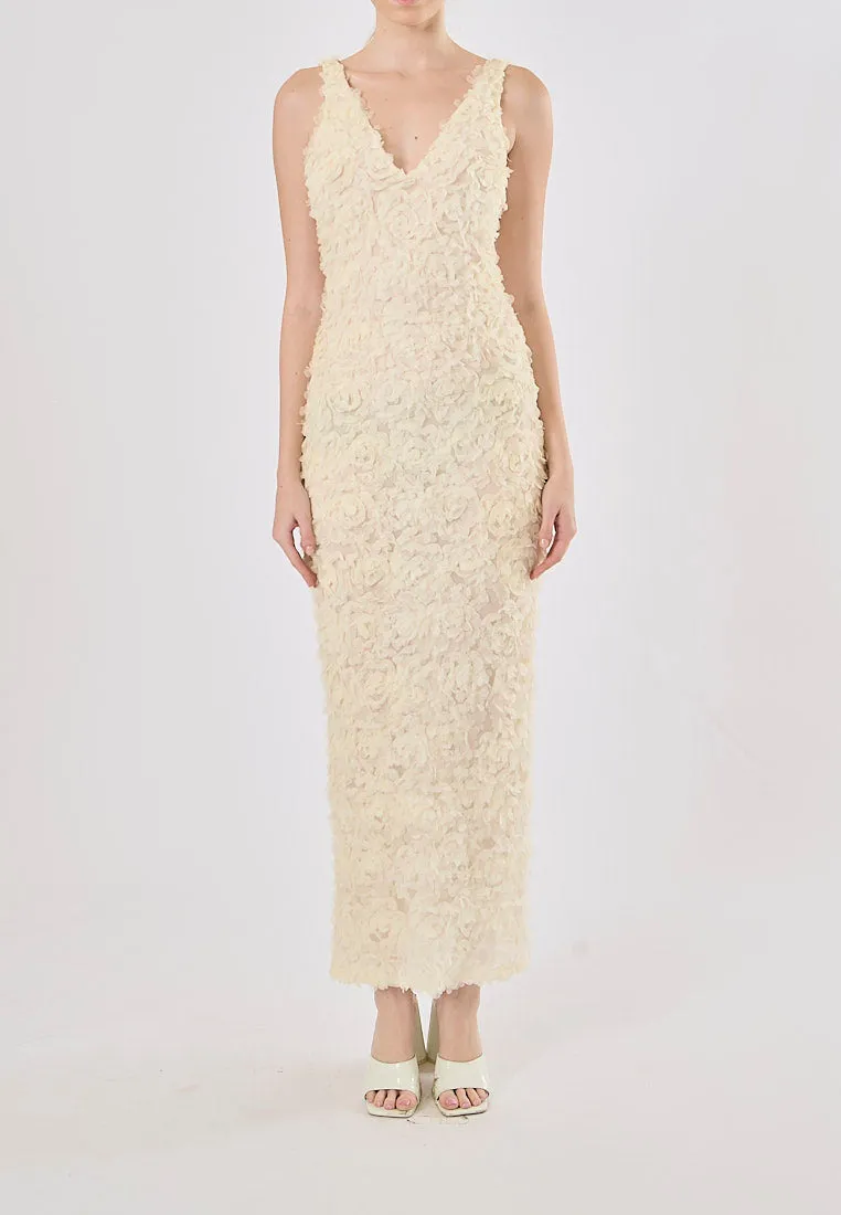 Iriza Beige Deep V-Neck Floral Texture Back Sllit Maxi Dress