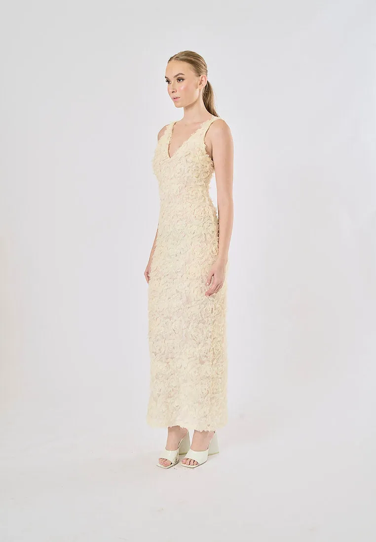 Iriza Beige Deep V-Neck Floral Texture Back Sllit Maxi Dress