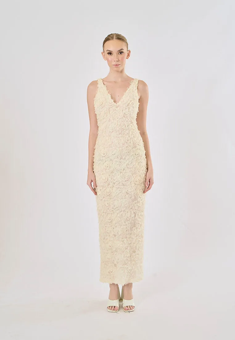 Iriza Beige Deep V-Neck Floral Texture Back Sllit Maxi Dress