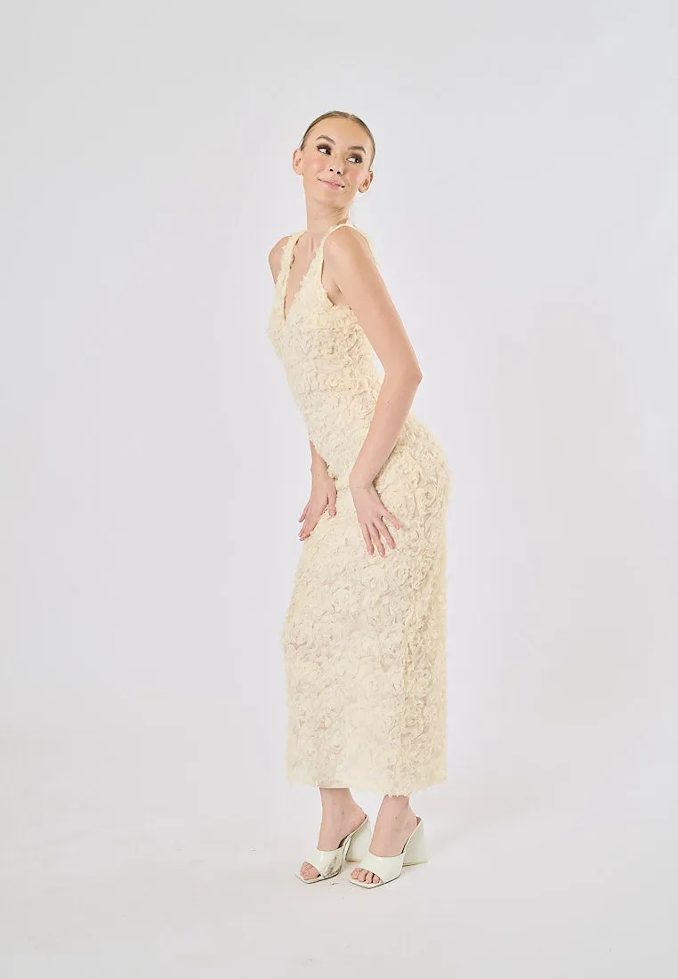 Iriza Beige Deep V-Neck Floral Texture Back Sllit Maxi Dress