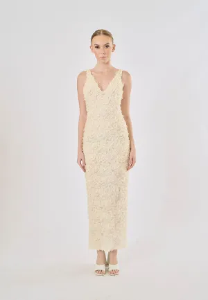Iriza Beige Deep V-Neck Floral Texture Back Sllit Maxi Dress