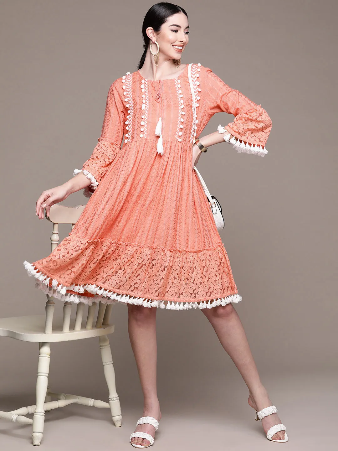 Ishin Women's Cotton Peach Embroidered Fit & Flared Dress
