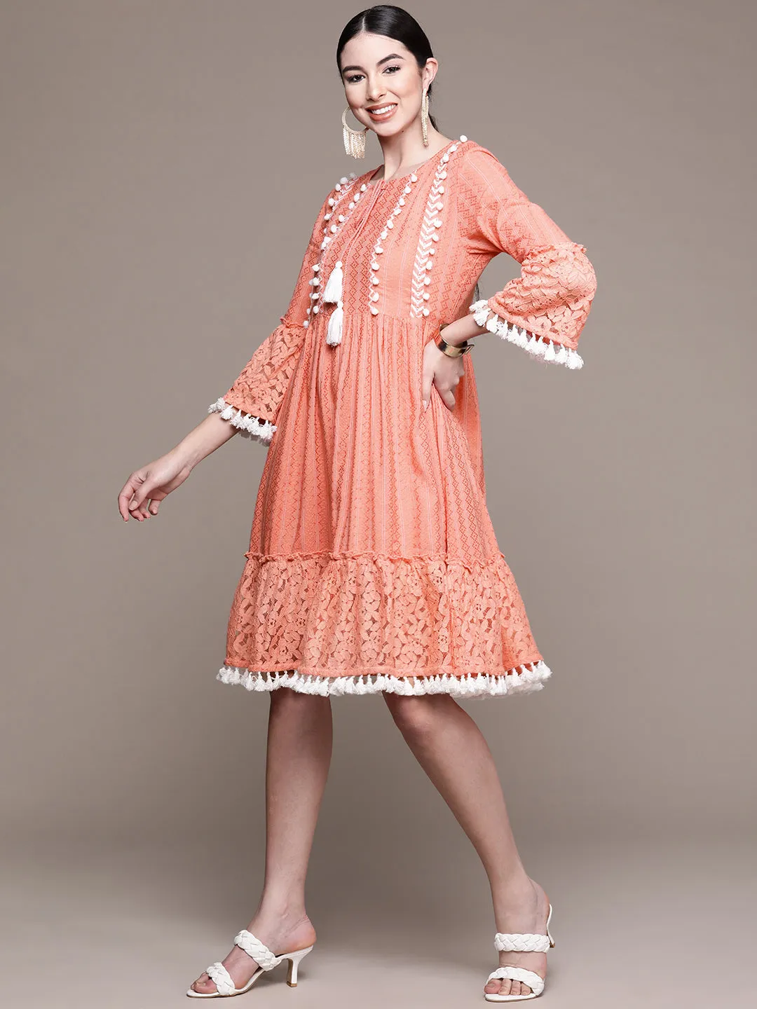 Ishin Women's Cotton Peach Embroidered Fit & Flared Dress