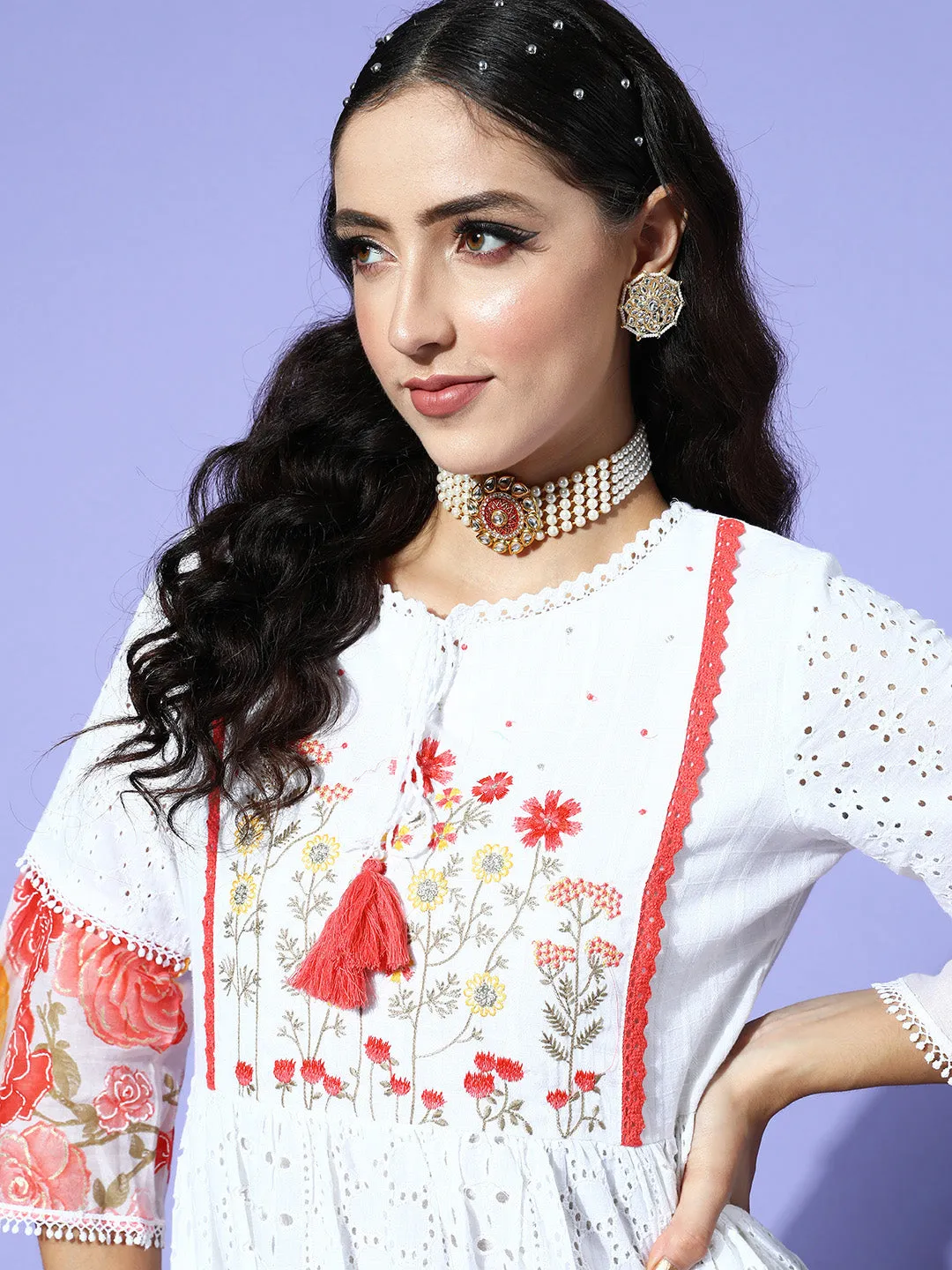 Ishin Women's Cotton White & Peach Schiffli Embroidered A-Line Dress
