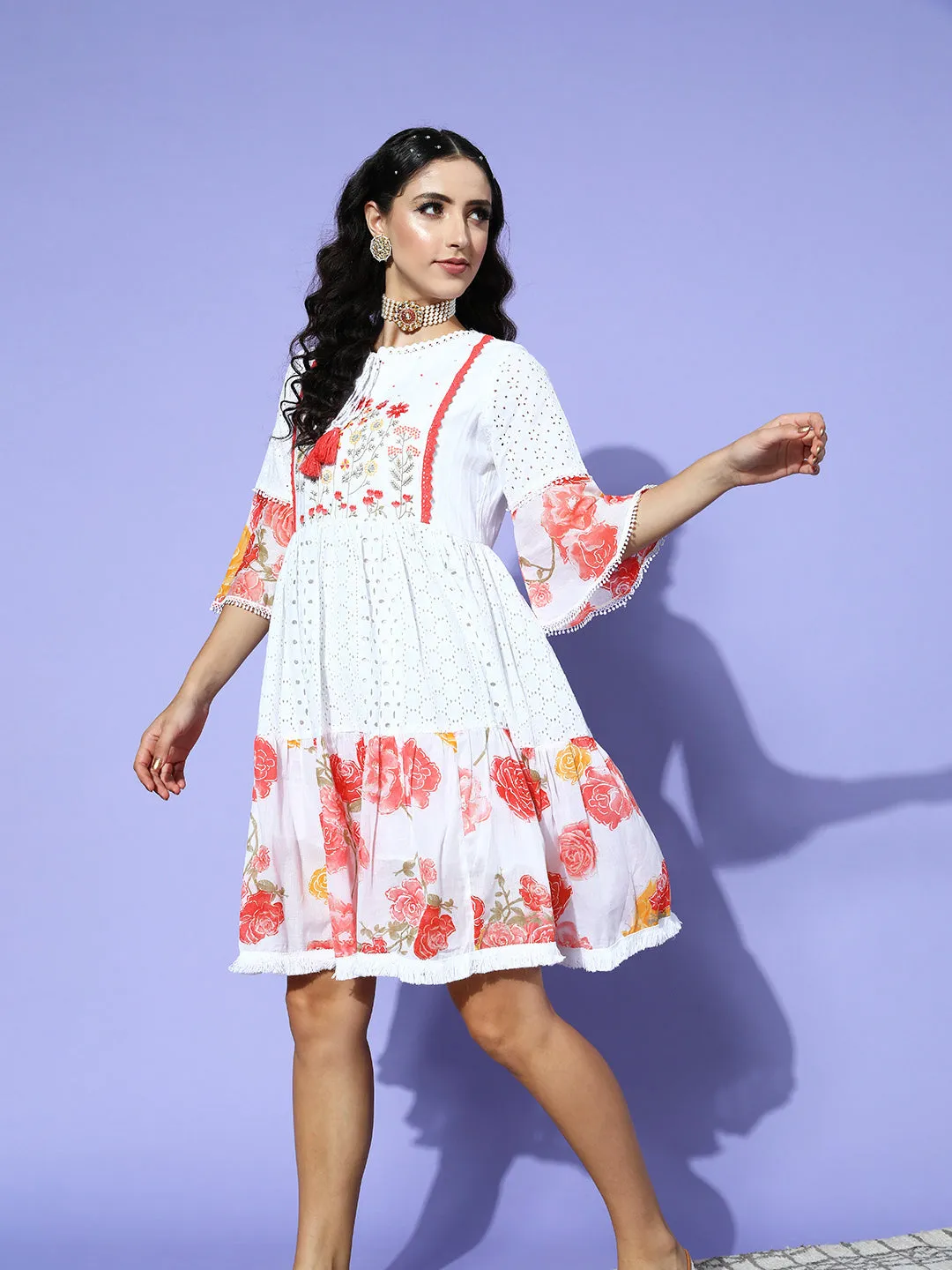 Ishin Women's Cotton White & Peach Schiffli Embroidered A-Line Dress