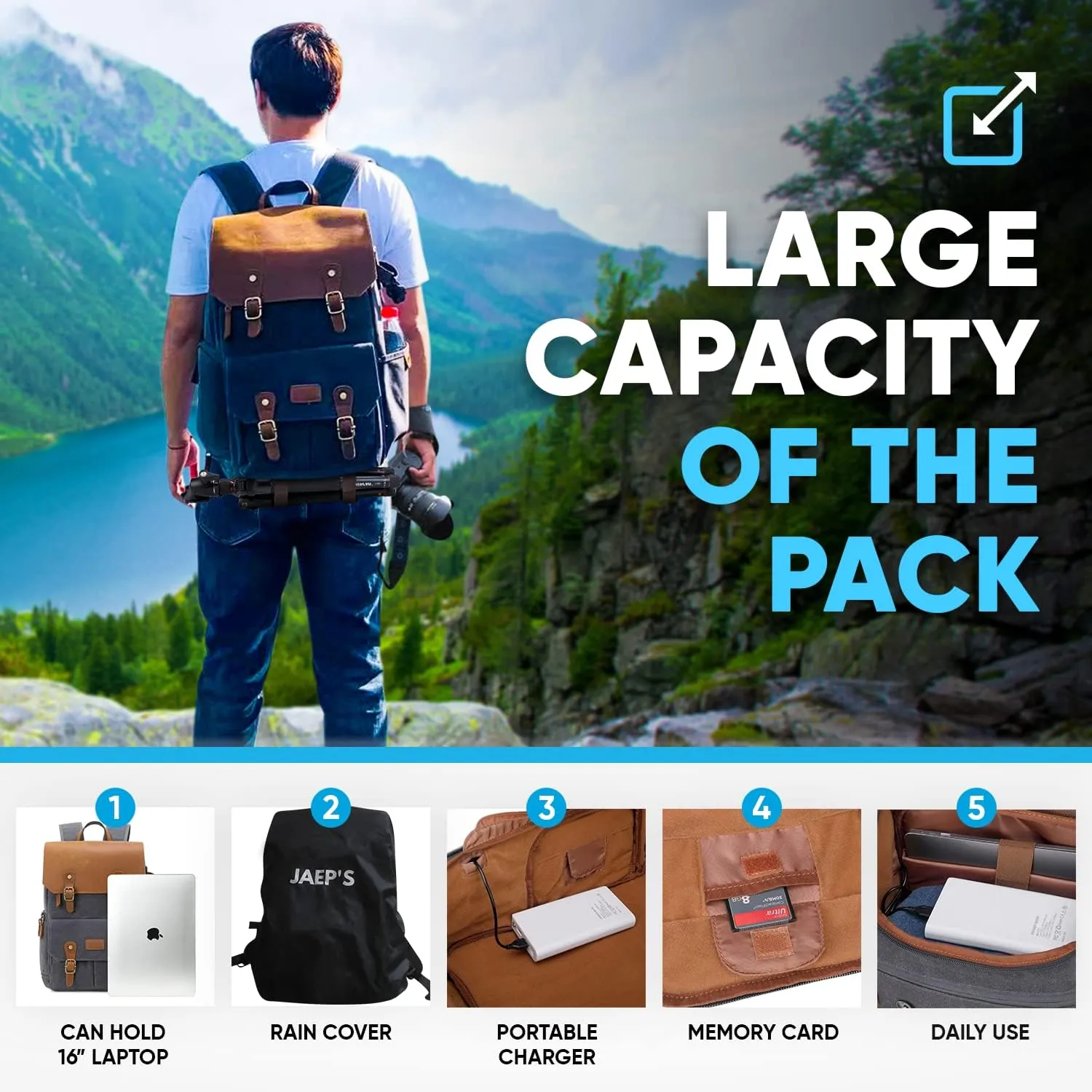 JAEP Camera Backpack - Weather Resistant 16 Ounces Waxed Memory Canvas  DSLR SLR Backpacks with 15.6 laptop sleeve compartment and Tripod Holder for Photographers -Vintage leather Style (Khaki)