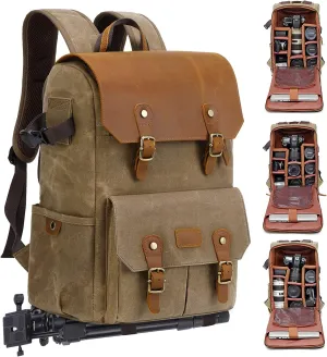 JAEP Camera Backpack - Weather Resistant 16 Ounces Waxed Memory Canvas  DSLR SLR Backpacks with 15.6 laptop sleeve compartment and Tripod Holder for Photographers -Vintage leather Style (Khaki)