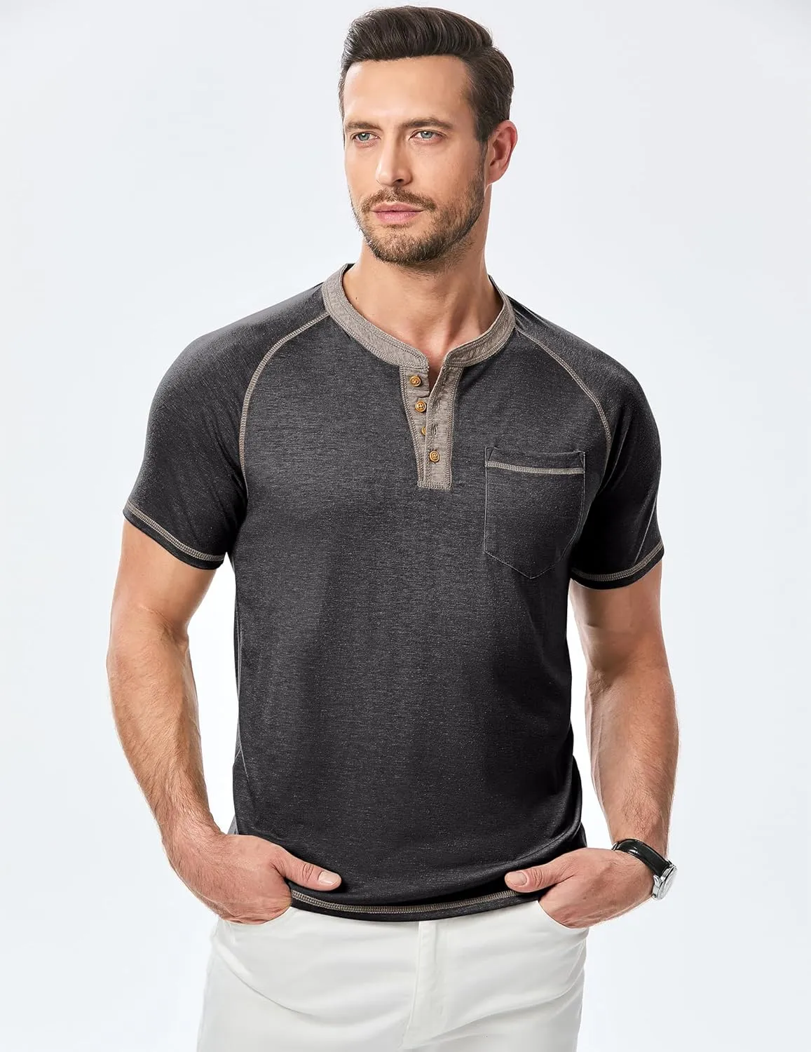 JMIERR Men's Henley Long/Short Sleeve T-Shirt Stretch Cotton Casual Pullover Tee Shirts with Pockets