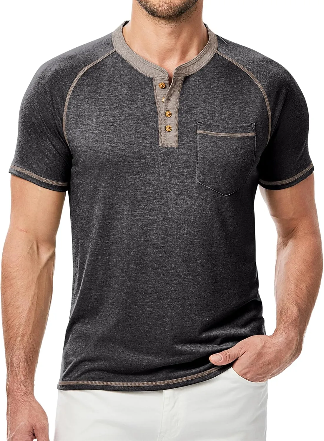 JMIERR Men's Henley Long/Short Sleeve T-Shirt Stretch Cotton Casual Pullover Tee Shirts with Pockets