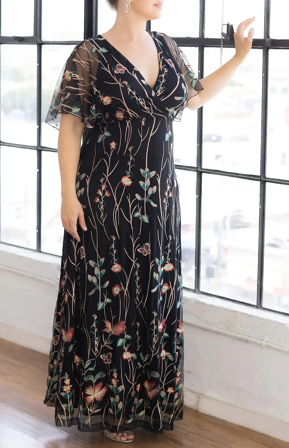Kiyonna Women's Plus Size Floral Embroidered Elegance Evening Gown | Flattering Long Formal Mesh Dress w/Sleeves
