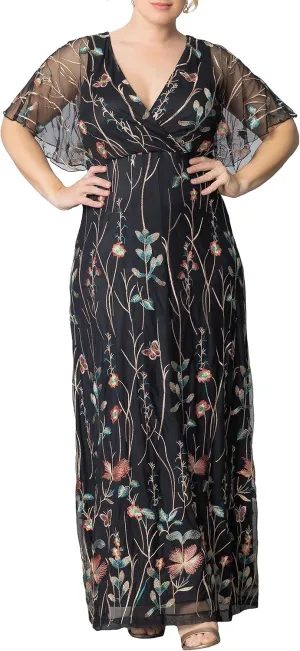 Kiyonna Women's Plus Size Floral Embroidered Elegance Evening Gown | Flattering Long Formal Mesh Dress w/Sleeves