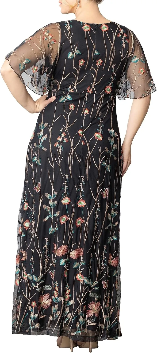 Kiyonna Women's Plus Size Floral Embroidered Elegance Evening Gown | Flattering Long Formal Mesh Dress w/Sleeves