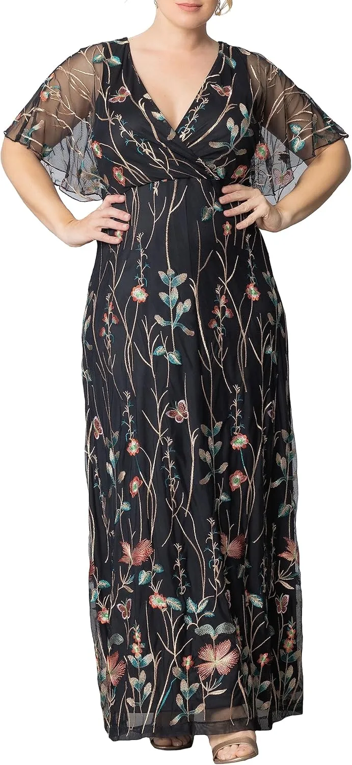 Kiyonna Women's Plus Size Floral Embroidered Elegance Evening Gown | Flattering Long Formal Mesh Dress w/Sleeves