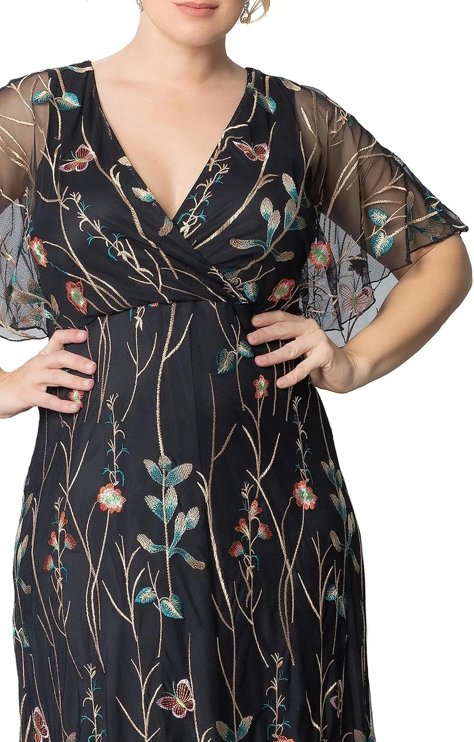 Kiyonna Women's Plus Size Floral Embroidered Elegance Evening Gown | Flattering Long Formal Mesh Dress w/Sleeves
