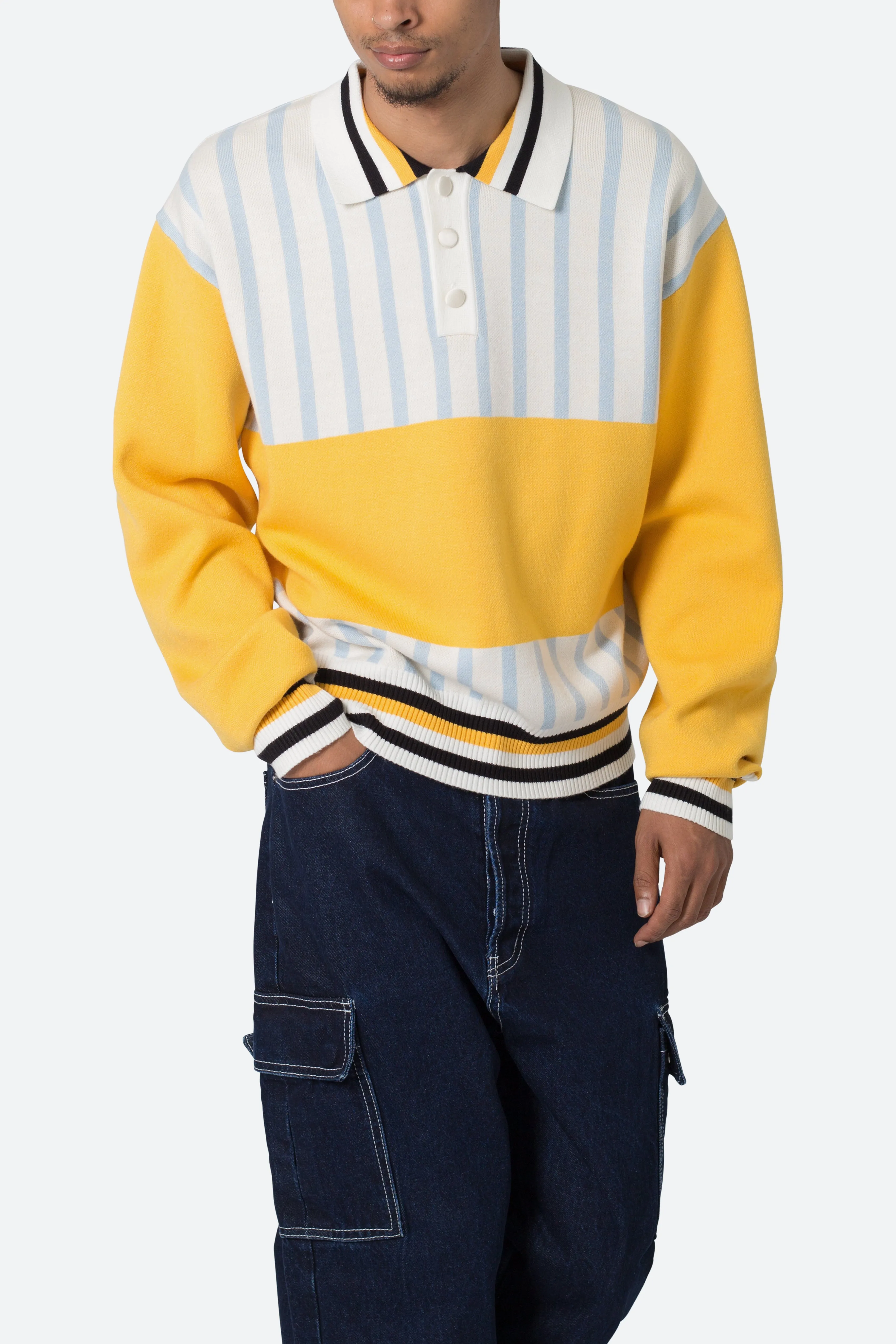 Knit Stripe L/S Polo - Blue/Yellow