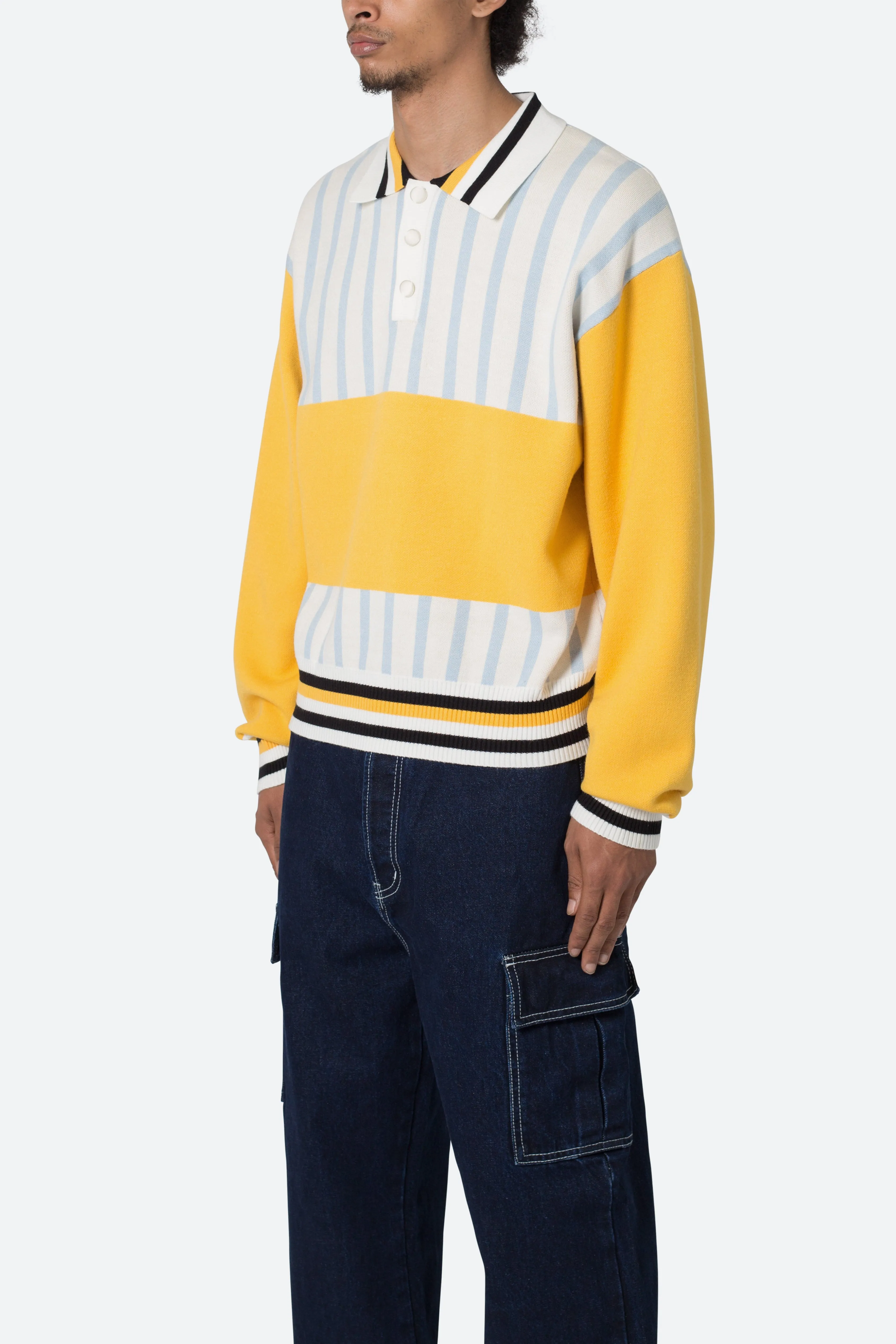 Knit Stripe L/S Polo - Blue/Yellow