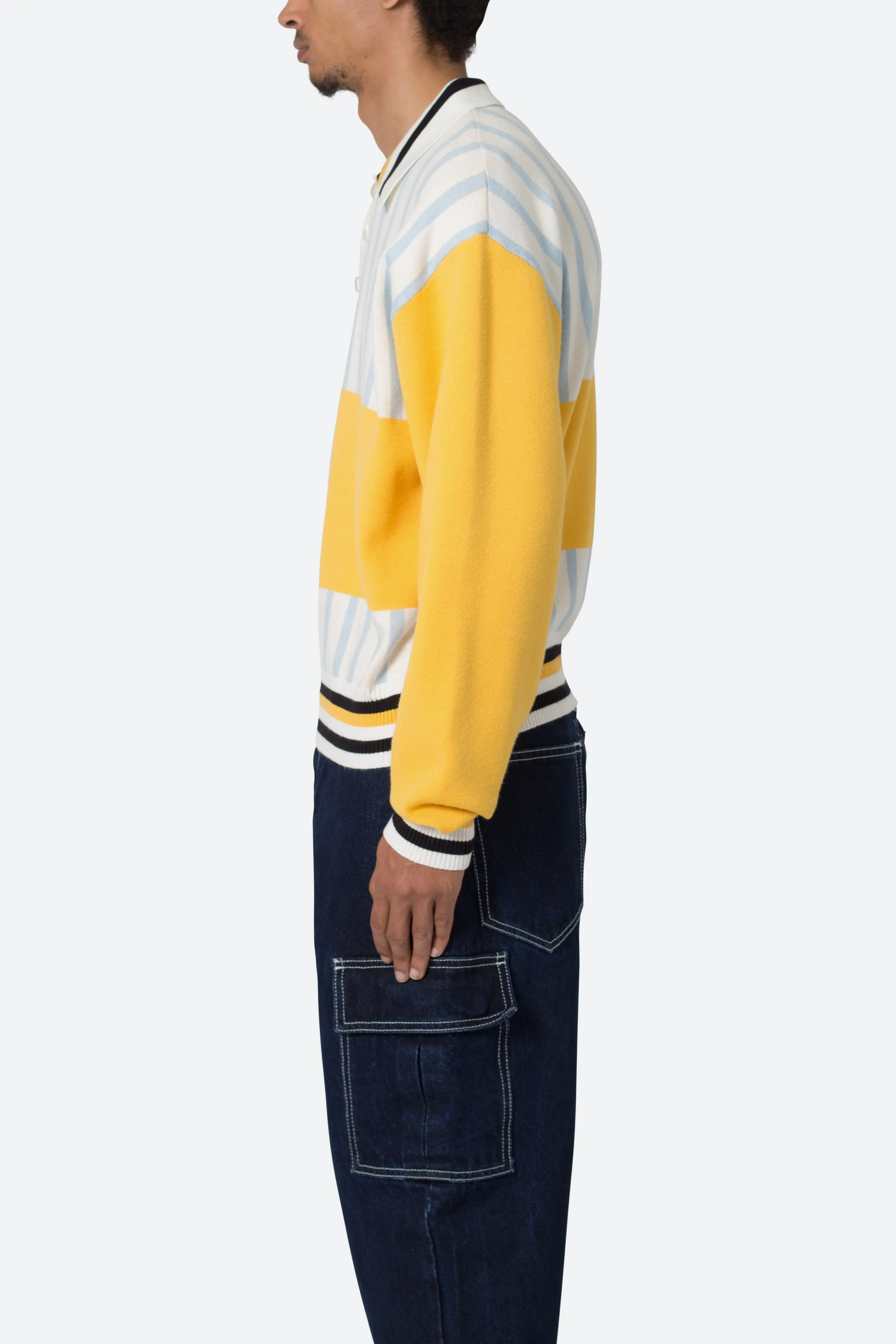 Knit Stripe L/S Polo - Blue/Yellow