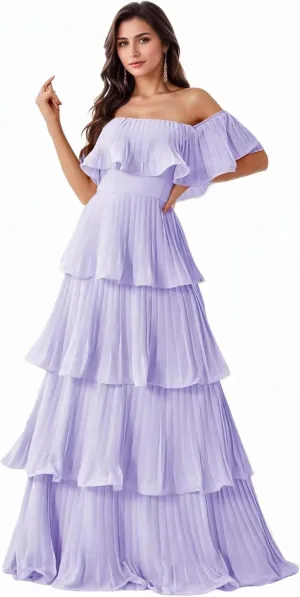Kyeuan Layered Chiffon Prom Dresses with Sleeves Off Shoulder Pleated Formal Evening Dresses for Women Elegant