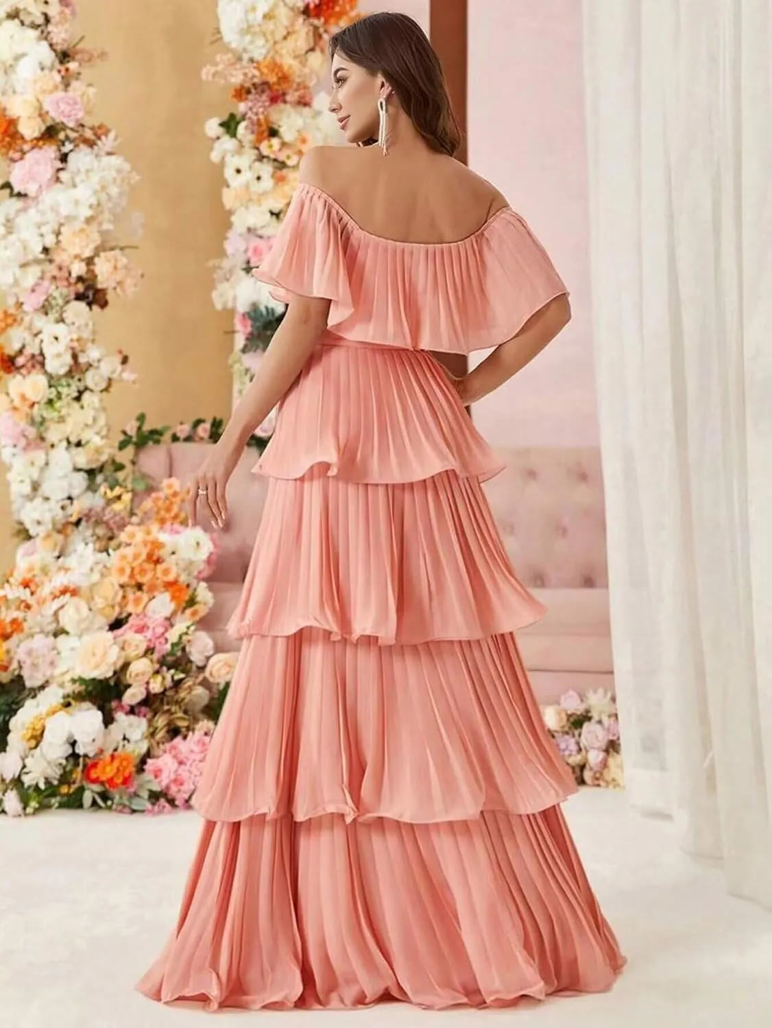 Kyeuan Layered Chiffon Prom Dresses with Sleeves Off Shoulder Pleated Formal Evening Dresses for Women Elegant