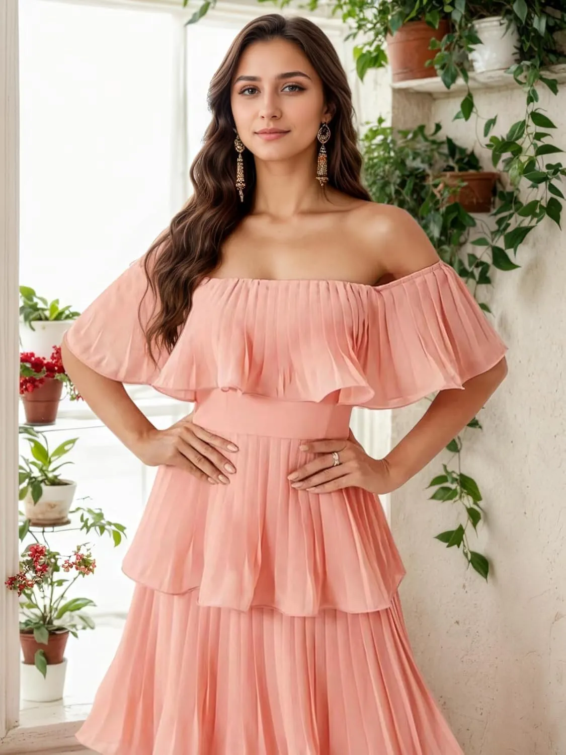 Kyeuan Layered Chiffon Prom Dresses with Sleeves Off Shoulder Pleated Formal Evening Dresses for Women Elegant