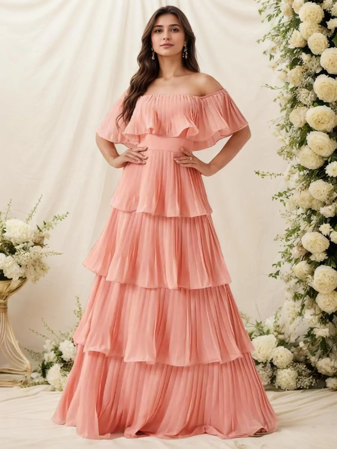 Kyeuan Layered Chiffon Prom Dresses with Sleeves Off Shoulder Pleated Formal Evening Dresses for Women Elegant