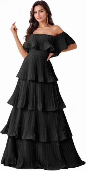 Kyeuan Layered Chiffon Prom Dresses with Sleeves Off Shoulder Pleated Formal Evening Dresses for Women Elegant
