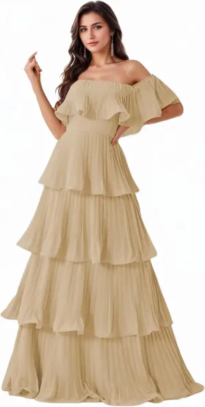 Kyeuan Layered Chiffon Prom Dresses with Sleeves Off Shoulder Pleated Formal Evening Dresses for Women Elegant
