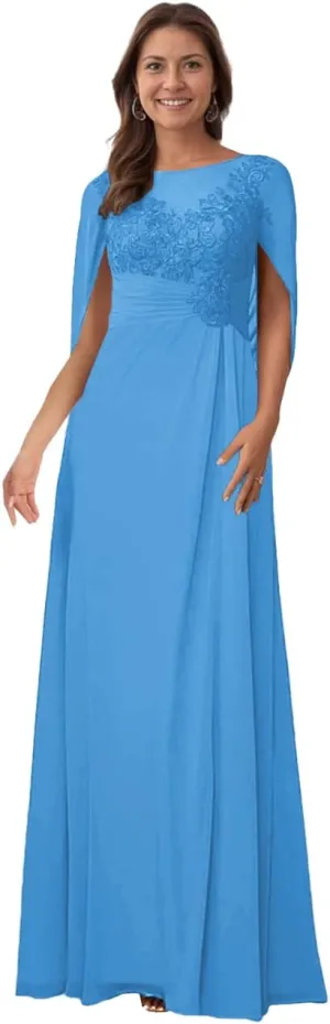 Laces Mother of The Bride Dresses Applique Long Evening Party Dress Ruched Chiffon Wedding Guest Dress